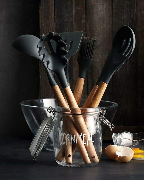 Кухонный набор Silikone Kitchen Set черный из силикона с бамбуковой ...
