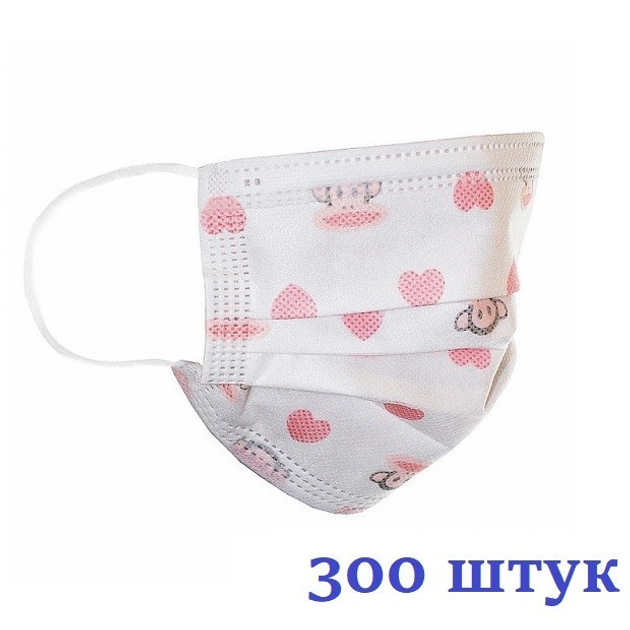 Маски медицинские НЗМ трехслойные не стерильные Обезьянка и Сердечки с мельтблауном Украина высокое качество 300 шт - изображение 1