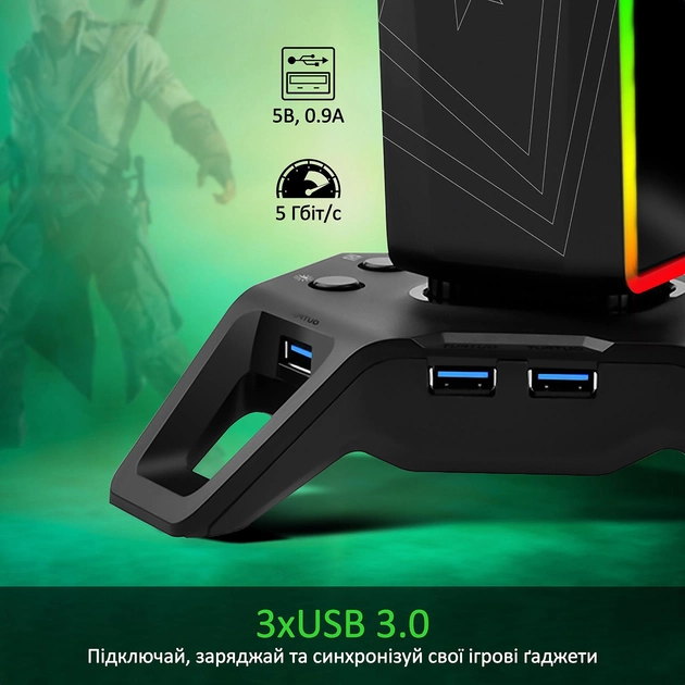 Подставка для наушников Vertux и USB хаб 3xUSB 3.0/2xAUX 3.5 мм Black (hexarack.black) - изображение 2