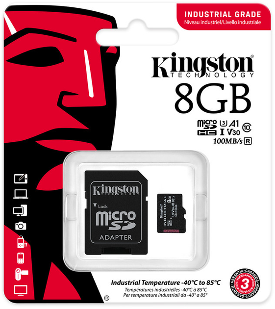 Карта памяти Kingston microSDHC 8GB Industrial Class 10 UHS-I V30 A1 + SD-адаптер (SDCIT2/8GB) - изображение 3
