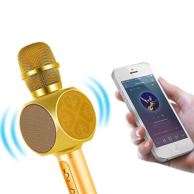Микрофон караоке SU-YOSD YS-63 2 в 1 Золотой - беспроводной Bluetooth микрофон - портативная колонка со слотом USB + TF card - изображение 4