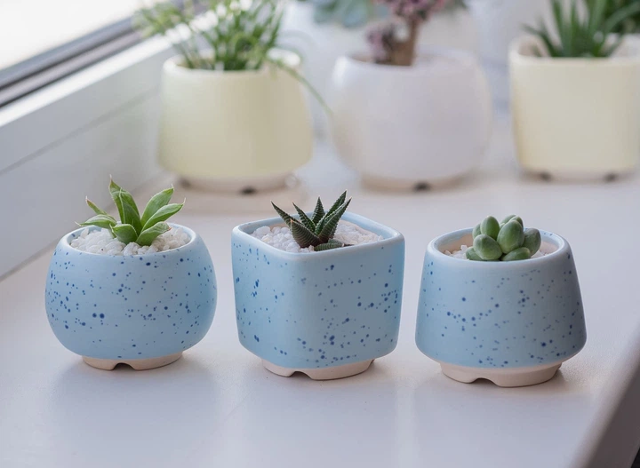 Керамічний горщик для кактусів Mini Plant розмір XS 5,2х5,1см Трапеція Блакитний у крапку - зображення 3