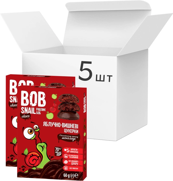 Упаковка конфет Bob Snail натуральных Яблочно-вишневых в черном шоколаде 60 г х 5 шт (2000000004648) 