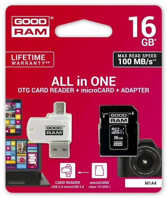 Картка пам'яті MicroSDHC 16GB UHS-I Class 10 GoodRam + SD Adapter + OTG Card reader (M1A4-0160R12) - зображення 2