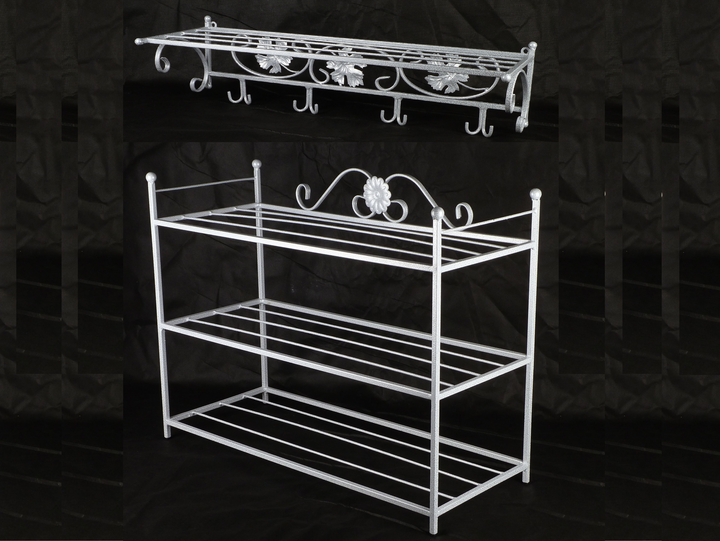 Комплект полка для обуви Ferrum Prestige White Silver и вешалка настенная Ferrum Venice White Silver металлические кованые, обувница, в прихожую - Фото 1 Комплект полка для обуви Ferrum Prestige White Silver и вешалка настенная Ferrum Venice White Silver металлические кованые, обувница, в прихожую - зображення 1
