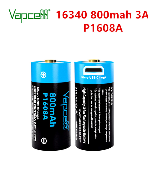 Аккумулятор 16340/CR123 Li-Ion Vapcell P1608A, microUSB зарядка, 800mAh ...