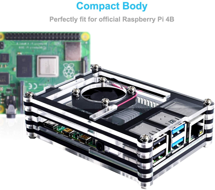 Корпус акриловый Bruphny для Raspberry Pi 4 Model B с вентилятором с радиаторами - изображение 3