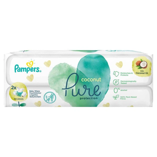 Дитячі вологі серветки Pampers 591631 Pure Protection Coconut 2х42 (bc-344110) - Фото 1 Дитячі вологі серветки Pampers 591631 Pure Protection Coconut 2х42 (bc-344110) - изображение 1