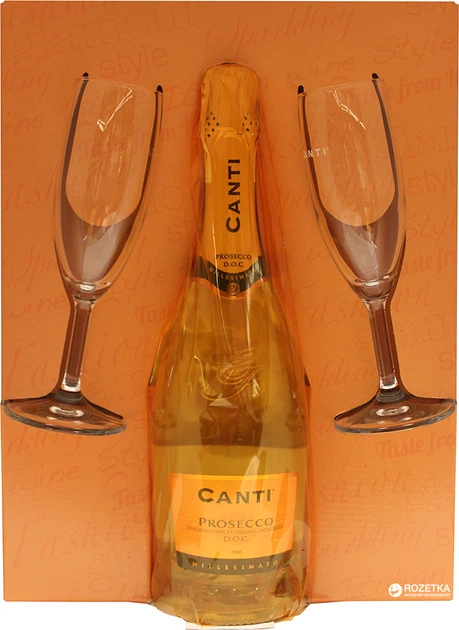 Вино игристое Canti Prosecco Millesimato белое экстра-сухое 0.75 л 11% + 2 бокала в подарочной упаковке (8005415050703_084279994321) - Фото 2 Вино игристое Canti Prosecco Millesimato белое экстра-сухое 0.75 л 11% + 2 бокала в подарочной упаковке (8005415050703_084279994321) - изображение 2