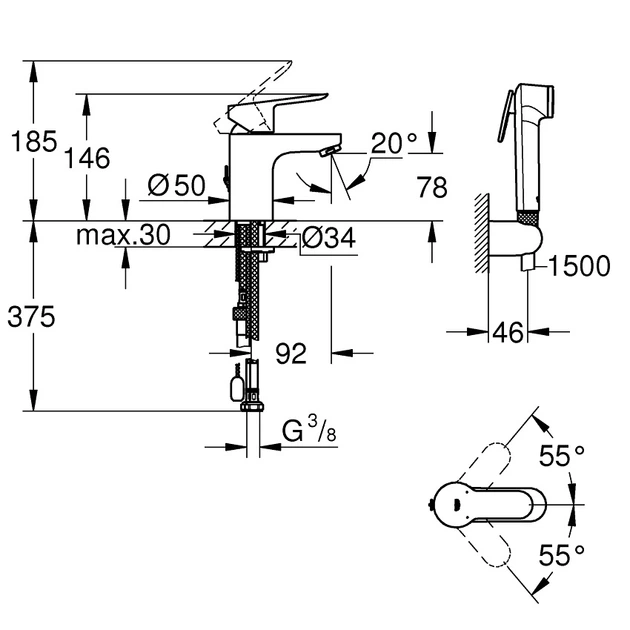 Смеситель для раковины с гигиеническим душем Grohe Bau Edge DN 15 S-SIZE (цвет - хром) (23757000) - изображение 2