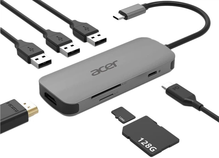 USB-хаб Acer 7в1 Type C dongle: 1xHDMI, 3xUSB3.2, 1xSD/TF, 1xPD