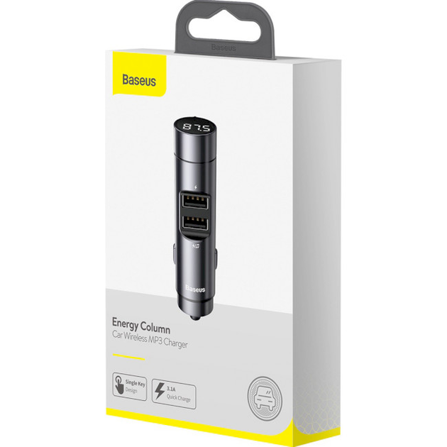 Автомобильный FM-трансмиттер (FM-модулятор) Baseus Energy Column (BS-01) Bluetooth 5.0 MP3 c функцией зарядного устройства 2-USB (3.1А) и вольтметром, тёмно-серый (CCNLZ-0G) - изображение 6