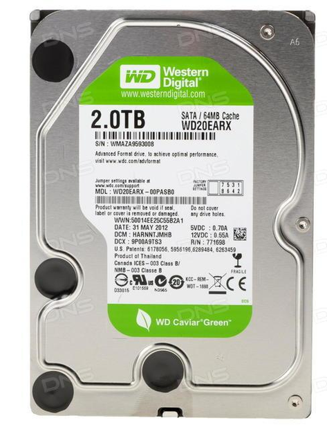 Б\У Жорсткий диск Western Digital Green, 2TB, 5400rpm, Hitachi, 7200rpm, 64МB, WD20EZRX, 3.5, SATA III - зображення 1