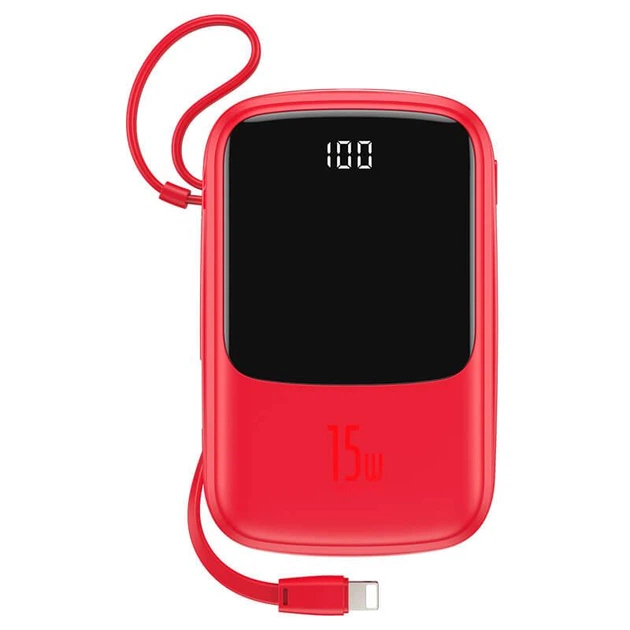 Повербанк BASEUS with lightning cable Qpow Digital Display 10000mAh |2USB/Type-C/Lightning, 3A, 15W|. Red - зображення 3