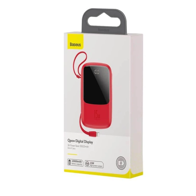 Повербанк BASEUS with lightning cable Qpow Digital Display 10000mAh |2USB/Type-C/Lightning, 3A, 15W|. Red - зображення 4