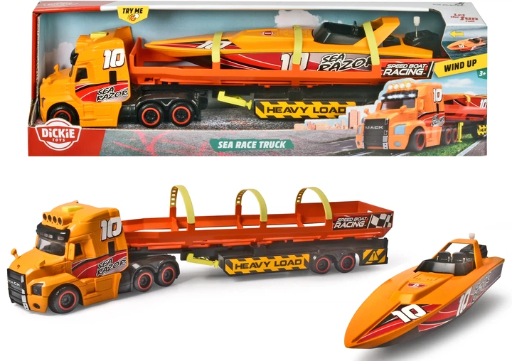 Вантажівка Мак Dickie Toys "Перевезення катера" з причепом, зі звуком та світловими ефектами 41 см (203747009) - Фото 2 Вантажівка Мак Dickie Toys "Перевезення катера" з причепом, зі звуком та світловими ефектами 41 см (203747009) - зображення 2