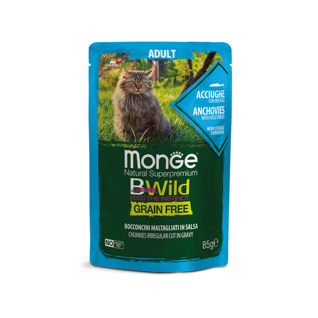 Беззерновые паучи для кошек MONGE BWILD Grain Free WET анчоус с овощами ...
