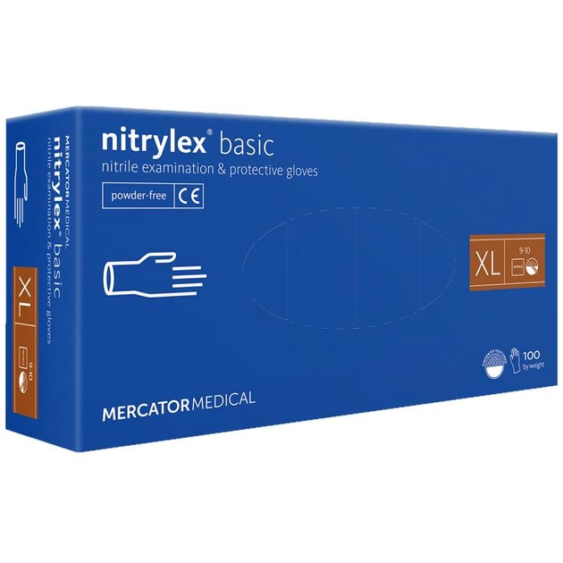 Перчатки нитриловые MERCATOR Nitrylex Basic BLUE неопудренные, размер XL, 100 шт - изображение 1