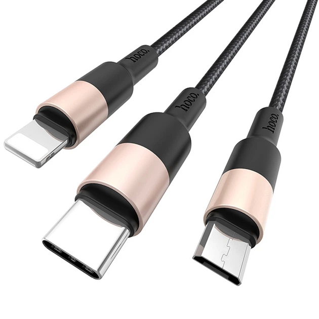 Дата кабель Hoco Xpress X26 3in1 Lightning -MicroUSB-Type-C (1m) Чорний / Золотий - Фото 2 Дата кабель Hoco Xpress X26 3in1 Lightning -MicroUSB-Type-C (1m) Чорний / Золотий - зображення 2