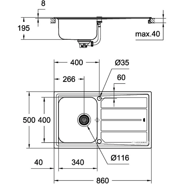 GROHE Комплект Мийка для кухні 860 x 500 мм з ексцентриком, 1 чаша + Minta Змішувач одноважільний для мийки (31573sd0) (31573SD0) - изображение 11