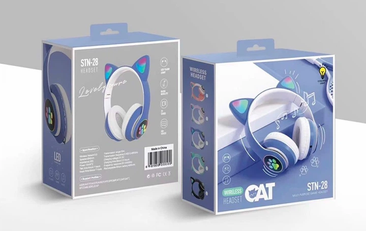 Беспроводные детские блютуз наушники с MicroSD и FM-Радио STN-28 Bluetooth со светящимися кошачьими ушками (Синие) - изображение 5