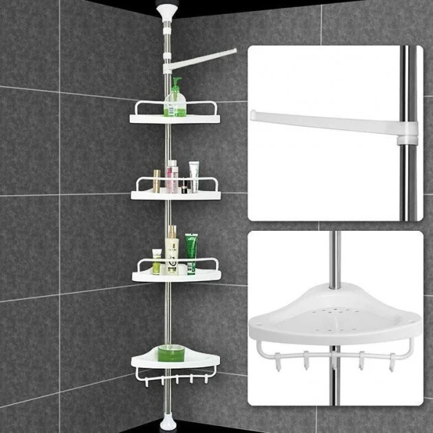 Кутова полиця для ванної Multi Corner Shelf з металу та пластику 2.6 метра 4 полиці регульована по висоті - Фото 2 Кутова полиця для ванної Multi Corner Shelf з металу та пластику 2.6 метра 4 полиці регульована по висоті - зображення 2
