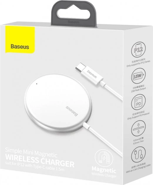 БЗУ Baseus Simple Mini Magnetic Wireless Charger ( suit for IP12 with Type-C cable 1.5m ) White - Фото 6 БЗУ Baseus Simple Mini Magnetic Wireless Charger ( suit for IP12 with Type-C cable 1.5m ) White - зображення 6