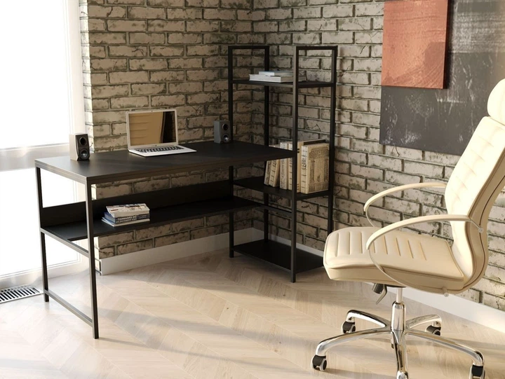 Стол компьютерный письменный с металлическим каркасом в стиле Лофт (Loft) DrevoGoods с полкой под системный блок усиленный, прямой, рабочий для дома и офиса 1600х750х600мм; металл: Черный; дерево: Черный + стеллаж (810|61) - Фото 2 Стол компьютерный письменный с металлическим каркасом в стиле Лофт (Loft) DrevoGoods с полкой под системный блок усиленный, прямой, рабочий для дома и офиса 1600х750х600мм; металл: Черный; дерево: Черный + стеллаж (810|61) - изображение 2