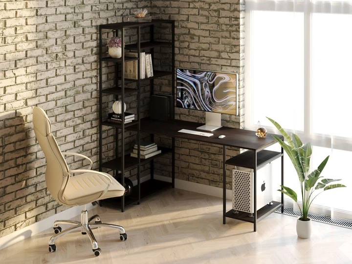 Стол компьютерный письменный с металлическим каркасом в стиле Лофт (Loft) DrevoGoods с полкой под системный блок усиленный, прямой, рабочий для дома и офиса 1000х1800х900мм; металл: Черный; дерево: Венге + стеллаж (757|56) - изображение 2