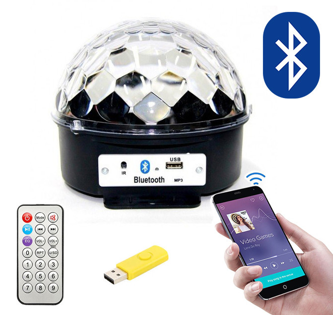 Блютуз диско шар светодиодный музыкальный MP3 с флешкой и ПДУ, LED KTV .