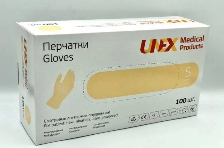 Перчатки медицинские смотровые UNEX латексные припудренные нестерильные гладкие 100 шт/уп S - изображение 1