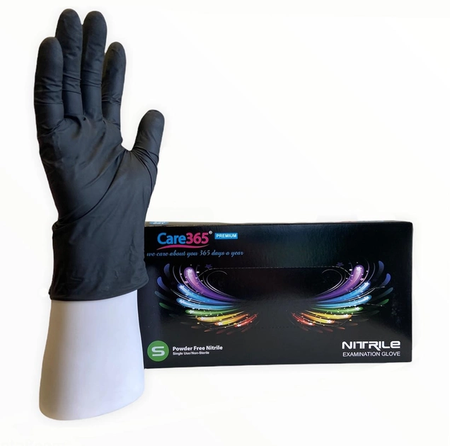 Перчатки нитриловые Care 365 Premium медицинские смотровые S чорные 100 шт/упаковка - изображение 1