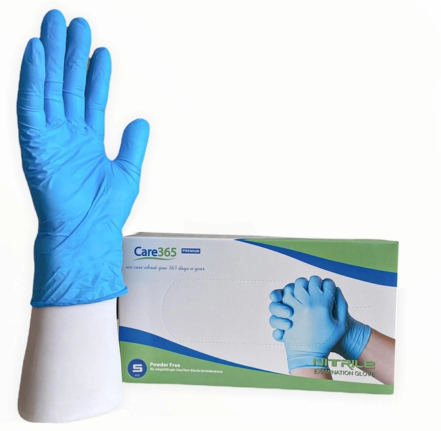 Перчатки нитриловые Care 365 Premium медицинские смотровые S голубые 100 шт/упаковка - зображення 1