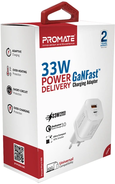 Сетевое зарядное устройство Promate PowerPort-33 Вт USB-C+USB-A White (powerport-33.white) - изображение 7