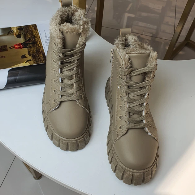 Женские зимние ботинки бежевые на платформе и шнуровке Fashion 38, A309б - изображение 6