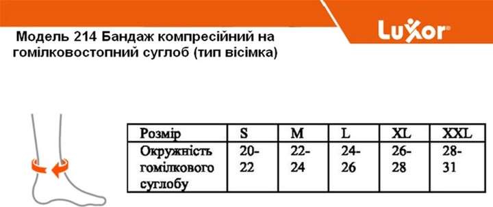 Бандаж для голеностопного сустава Luxor 214 компрессионный тип восьмерка 1 шт (размер S) - изображение 2