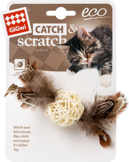 Игрушка для котов GiGwi Плетеный мячик с колокольчиком и перьями Catch ...
