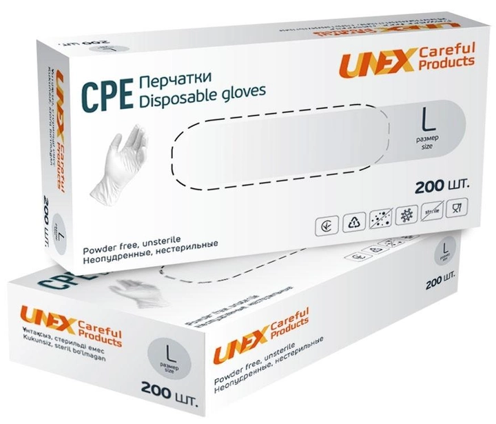 Перчатки CPE L прозрачные UNEX неопудренные 200шт - изображение 1
