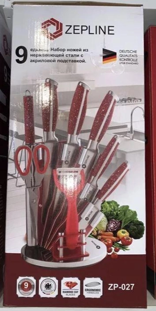 Набор кухонных ножей Zepline ZP027 с подставкой нержавеющая сталь с точилкой гранитные вставки Красный - изображение 2