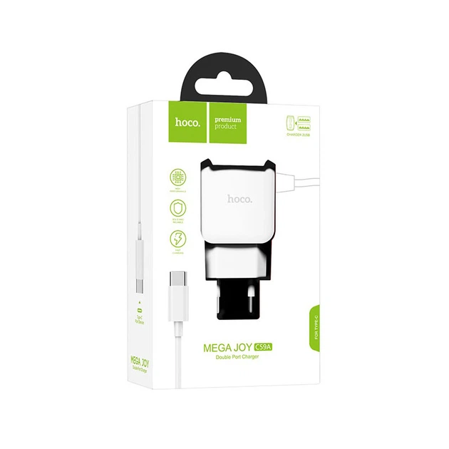 Зарядне мережеве HOCO C59A Mega joy (2USB 2.4A) Type-C Білий - Фото 3 Зарядне мережеве HOCO C59A Mega joy (2USB 2.4A) Type-C Білий - изображение 3
