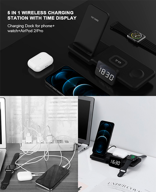 Зарядка беспроводная Qi 3 в 1 JYD WC100 |15W Max| Док-станция для iPhone + iWatch + Airpods (WC100) - Фото 7 Зарядка беспроводная Qi 3 в 1 JYD WC100 |15W Max| Док-станция для iPhone + iWatch + Airpods (WC100) - изображение 7