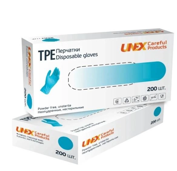 Медицинские TPE перчаки Unex, Medical Products, 200 шт, 100 пар, размер М, синие - зображення 1