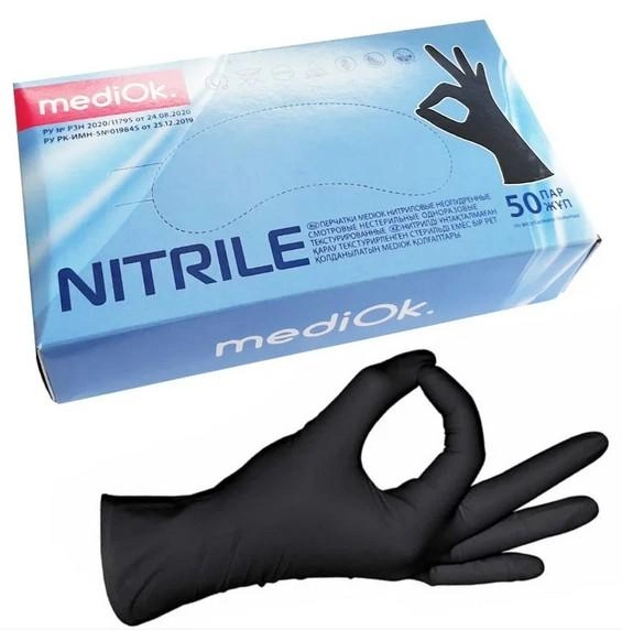 Медицинские нитриловые перчатки MediOk, 100 шт, 50 пар, размер XL, черные - изображение 1
