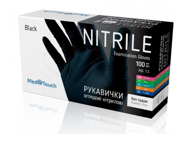 Медицинские нитриловые перчатки MedTouch, 100 шт, 50 пар, размер M, черные - изображение 1