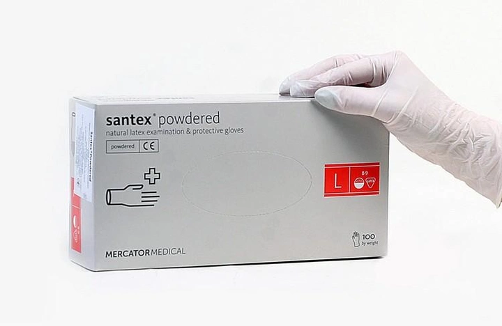 Медицинские латексные перчатки Mercator Medical Santex, с пудрой, 100 шт, 50 пар, размер L - зображення 1