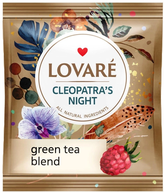 Чай зеленый китайский мелколистовой Lovare "Ночь Клеопатры" с фруктами, лепестками цветов и натуральным ароматом малины 50 пакетиков в индивидуальных конвертах (4820198872168) - изображение 2
