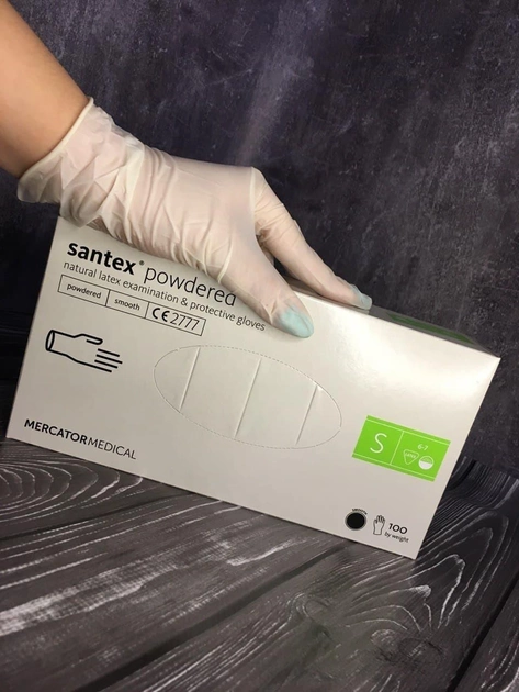 Перчатки латексные медицинские Santex Powdered S нестерильные опудренные 10 уп 100 шт белые - изображение 1