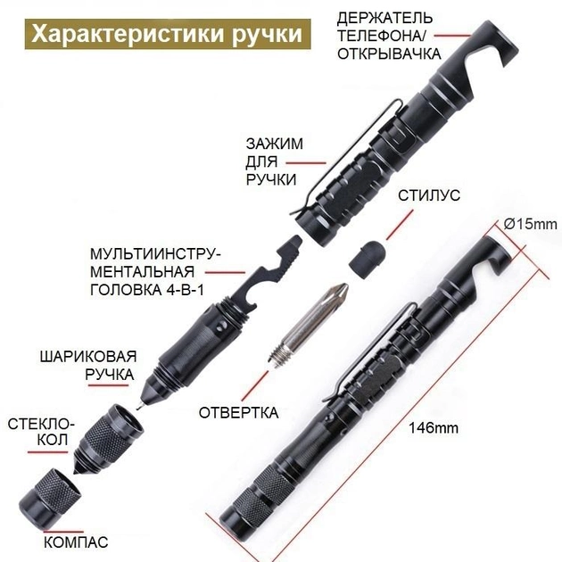 Многофункциональная тактическая ручка 11-в-1 VHG P11 Black - зображення 2