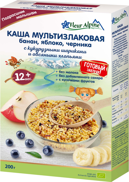 Детская безмолочная каша Fleur Alpine Мультизлаковая Банан-Яблоко-Черника 200 г (9010004508182) 