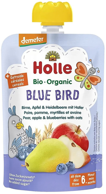 Упаковка пюре Holle Blue Bird органічне з грушею, яблуком, чорницею і вівсом з 6 місяців 100 г х 12 шт (7640161877290) - зображення 2